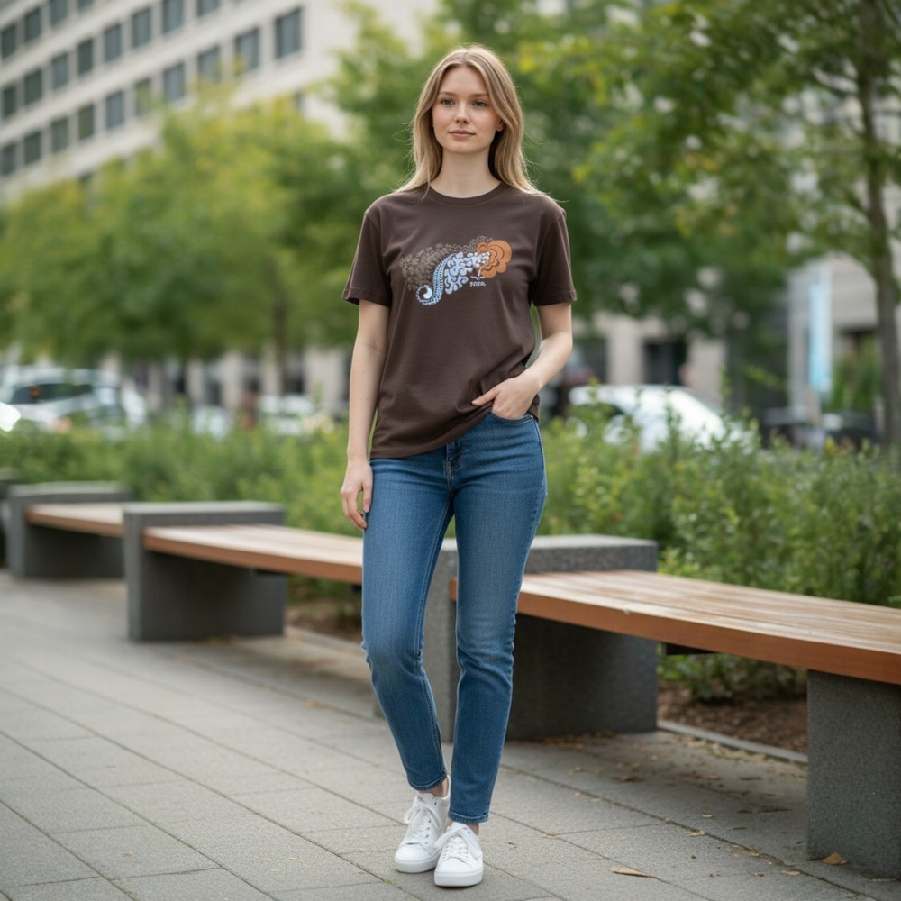 Prana Brown Short Sleeve Tee with Colorful Design 100% Organic Cotton